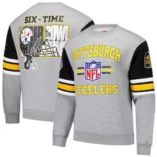 Oferta de Sudadera sin capucha Mitchell & Ness gris jaspeado Pittsburgh Steelers All Over 4.0 con logo vintage para hombre por $109.99 en Tienda NFL