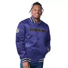 Oferta de Chaqueta universitaria reversible con cierre completo y diseño de satén de los Baltimore Ravens en morado y negro para hombre por $3490 en Tienda NFL