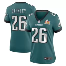Oferta de Camiseta de jugadora del partido Super Bowl LIX de los Philadelphia Eagles Nike Saquon Barkley verde medianoche para mujer por $149.99 en Tienda NFL
