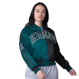 Oferta de Chaqueta de satén con cierre completo y corte recortado Zone Blitz de los Philadelphia Eagles para mujer, color verde medianoche y negro por $144.99 en Tienda NFL