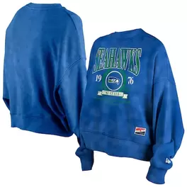 Oferta de Sudadera cuadrada retro de los Seattle Seahawks de New Era en azul para mujer por $64.99 en Tienda NFL