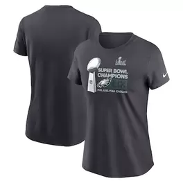Oferta de Camiseta Nike antracita de la colección de trofeos del vestuario de campeones del Super Bowl LIX de los Philadelphia Eagles para mujer por $39.99 en Tienda NFL
