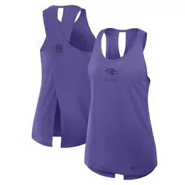 Oferta de Camiseta sin mangas Nike de rendimiento con diseño cruzado de los Baltimore Ravens Glory para mujer, color morado por $44.99 en Tienda NFL