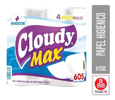 Oferta de Papel Higiénico Cloudy Max 4 Maxi Rollos De 605h C/u por $32 en Tiendas 3B