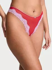 Oferta de Tease Mesh Lace-Trim High-Leg Thong Panty en Victoria's Secret
