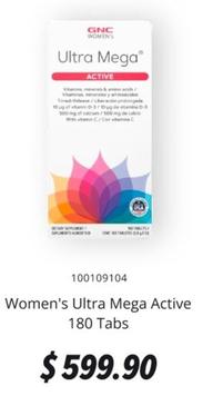 Oferta de Women's Ultra Mega Active 180 Tabs por $599.9 en GNC