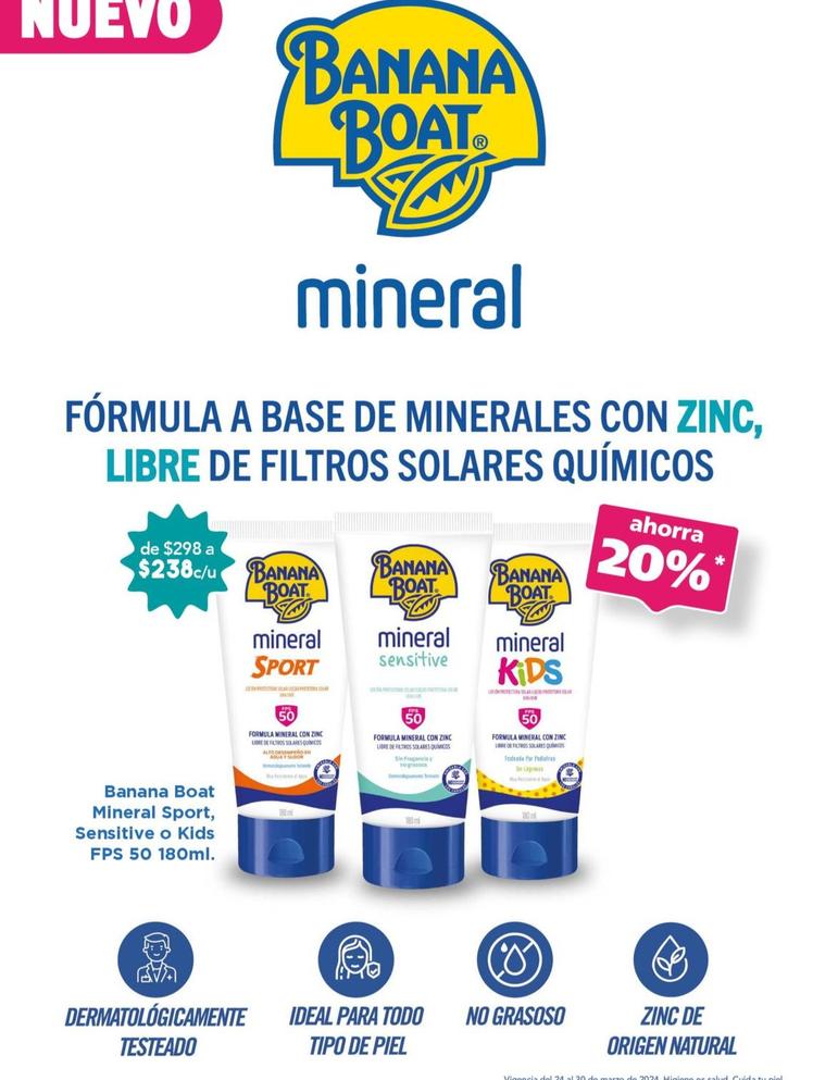 Oferta de Banana Boat - Mineral Sport, Sensitive O Kids Fps 50 por $238 en Farmacia San Pablo