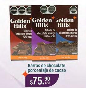 Oferta de Golden Hills - Barras De Chocolate Porcentaje De Cacao por $75.9 en La Comer