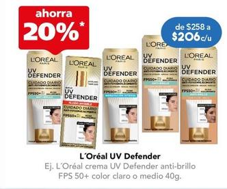 Oferta de L'Oréal - Crema UV Defender Anti-Brillo FPS 50+ Color Claro O Medio 40G por $206 en Farmacia San Pablo
