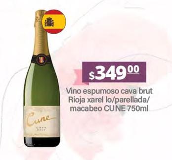 Oferta de Cune - Vino Espumoso Cava Brut Rioja Xarel Lo/Parellada/Macabeo por $349 en La Comer