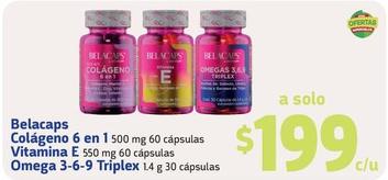 Oferta de Belacaps - Colágeno 6 en 1 500 mg 60 cápsulas /  Vitamina E 550 mg 60 cápsulas /  Omega 3-6-9 Triplex 1.4 g 30 cápsulas por $199 en Farmacias YZA