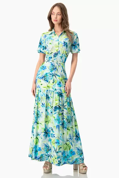 Oferta de Vestido maxi de manga corta y cuello camisero por $1049.65 en Ivonne