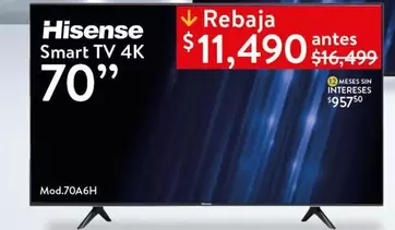 Oferta de Hisense - Smart TV 4K 70" por $11490 en Walmart