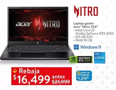 Oferta de Acer - Laptop Gamer  Nitro 156 por $16499 en Walmart