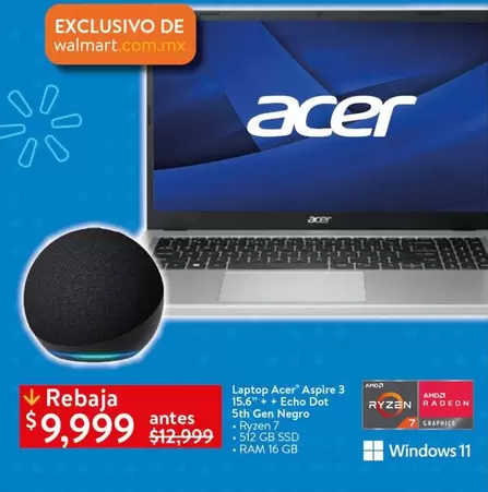 Oferta de Acer - Laptop Aspire 3 15o+ Echo Dot Sbt Gen Negro por $9999 en Walmart