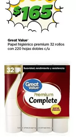 Oferta de Premium - Great Value Papel Higiénico  32 Rollos por $165 en Bodega Aurrera