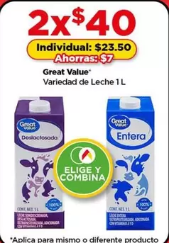 Oferta de Great Value -  Variedad de Leche por $23.5 en Bodega Aurrera