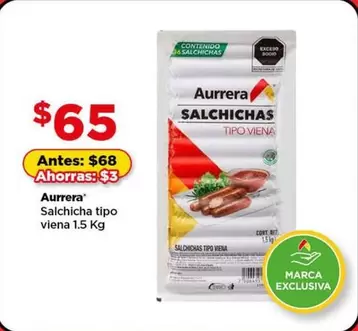 Oferta de Viena - AURREA - Salchicha tipo viena por $65 en Bodega Aurrera