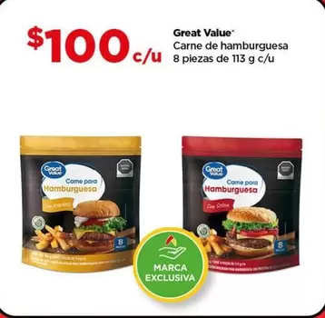 Oferta de Great Value - Carne De Hamburguesa 8 Piezas por $100 en Bodega Aurrera