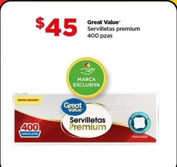 Oferta de Great Value - Servilletas Premium 400 Pzas por $45 en Bodega Aurrera