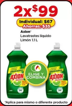 Oferta de Axion - Lavatrastes Liquido Limon 1.1 L por $99 en Bodega Aurrera