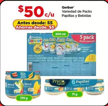 Oferta de Manzana - Gerber - Variedad De Packs Papillas Y Bebidas por $50 en Bodega Aurrera