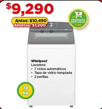 Oferta de Whirlpool - Lavadora por $9290 en Bodega Aurrera