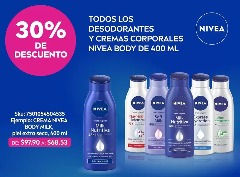 Oferta de Nivea - Todos Los Desodorantes Y Cremas Corporales Body por $68.53 en Woolworth