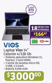 Oferta de Vios - Laptop  14" Celeron 4/128 Gb por $3000 en Soriana Híper