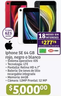 Oferta de GB - Iphone SE 64  Rojo, Negro O Blanco por $5000 en Soriana Híper