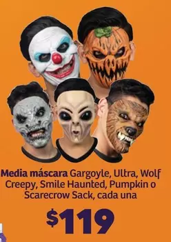 Oferta de Smile - Media Máscara Gargoyle, Ultra, Wolf Creepy,  Haunted, Pumpkin O Scarecrow Sack, Cada Una por $119 en Soriana Híper