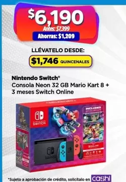 Oferta de 8 - Nintendo Switch - Consola Neon 32 Gb Mario Kart  + 3 Meses Switch Online por $6190 en Bodega Aurrera