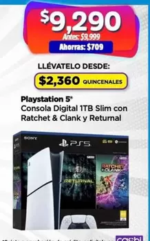 Oferta de Sony - Playstation 5* Consola Digital 1tb Slim Con Ratchet & Clank Y Returnal por $709 en Bodega Aurrera