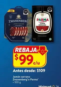 Oferta de Zwanenberg - Jamón Serrano Zawnenberg O Parma por $99 en Walmart