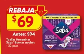 Oferta de Saba -  Buenas - Toallas Femeninas por $69 en Walmart