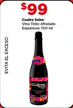 Oferta de Cuatro Soles - Vino Tinto Afrutado Espumoso por $99 en Bodega Aurrera