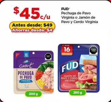 Oferta de Fud - Pechuga De Pavo Virginia O Jamon De Pavo Y Cerdo Virginia por $45 en Bodega Aurrera