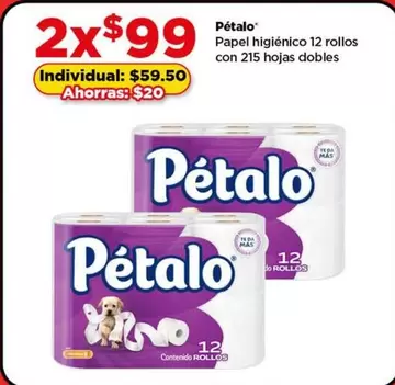 Oferta de Pétalo - Papel Higiénico 12 Rollos Con 215 Hojas Dobles por $59.5 en Bodega Aurrera