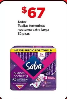 Oferta de Saba - Toallas Femeninas Nocturna Extra Larga por $67 en Bodega Aurrera