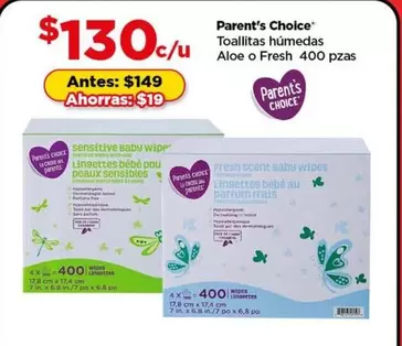 Oferta de Parent's Choice - Toallitas Humedas Aloe O Fresh 400 Pzas en Bodega Aurrera