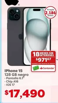 Oferta de Iphone - Iphone 15 128 Gb Negro por $17490 en Soriana Híper