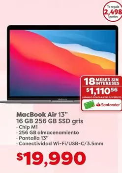 Oferta de MacBook - Macbook Air 13" 16 GB 256 GB SSD Gris por $19990 en Soriana Híper