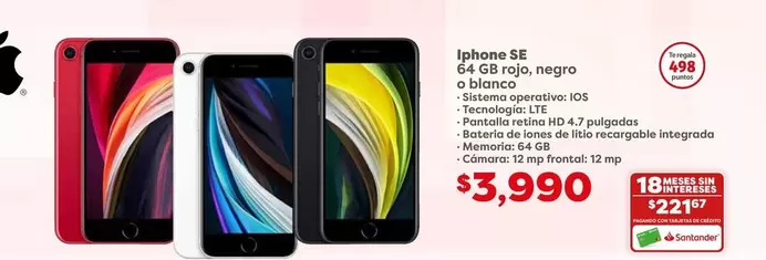 Oferta de Iphone - Iphone SE 64 CB Roja Negro O Blanco por $3990 en Soriana Híper