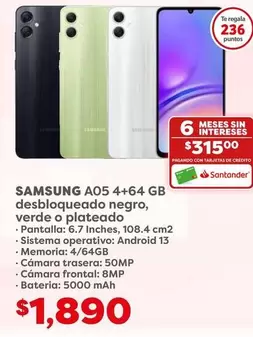 Oferta de Samsung - A05 4+64 GB Desbloqueado Negro, Verde O Plateado por $1890 en Soriana Híper