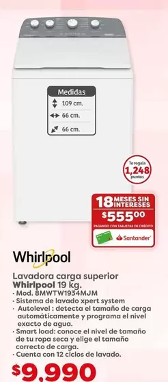 Oferta de Whirlpool - Lavadora Carga Superior  19€3 por $9990 en Soriana Híper