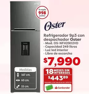 Oferta de Oster - Refrigerador 9p3 con despachador por $7990 en Soriana Híper