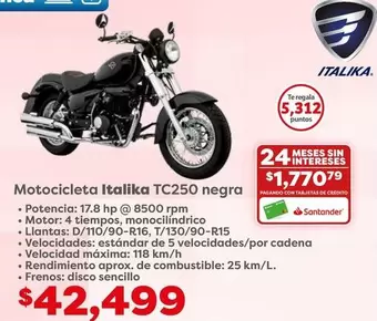 Oferta de Italika - Motocicleta Tc250 Negra por $42499 en Soriana Híper