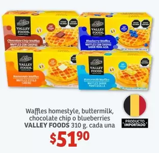 Oferta de Valley Foods - Waffles Homestyle, Buttermilk, Chocolate Chip O Blueberries por $51.9 en Soriana Híper