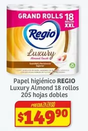 Oferta de Regio - Papel Higiénico Luxury Almond 18 Rollos 205 Hojas Dobles por $149.9 en Soriana Híper