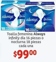 Oferta de Always - Toalla Femenina Infinity Dia 16 Piezas O Nocturna 18 Piezas Cada Una por $99 en Soriana Híper